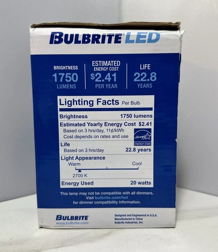 BULBRITE LIGHT BULB 20W DIMMABLE WARM WHITE BR40 - Picture 3 of 4