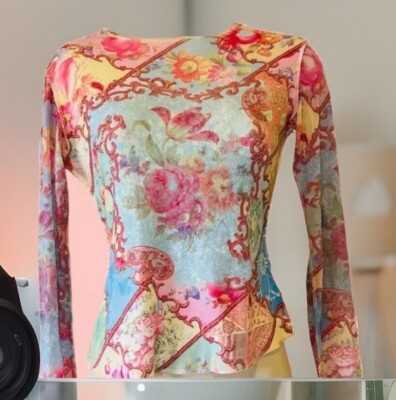 ETOILE DU MONDE Paris Floral Shirt sheer sleeves Small NWOT