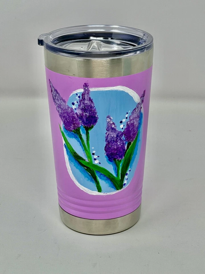 Pintada a mano LILA Púrpura tema en taza de pinta de lavanda, 16 oz Viaje Acero inoxidable Foto 2 de 4