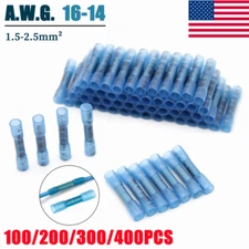 200/400PCS 16-14 AWG Heat Shrink Crimp Terminals Butt Wire Connectors Blue Gauge