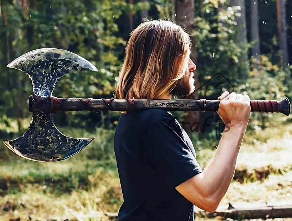 34" Double Headed Axe Large Berserker Axe Hand Forged Two Handed Big Viking Axe - Image 2 of 4