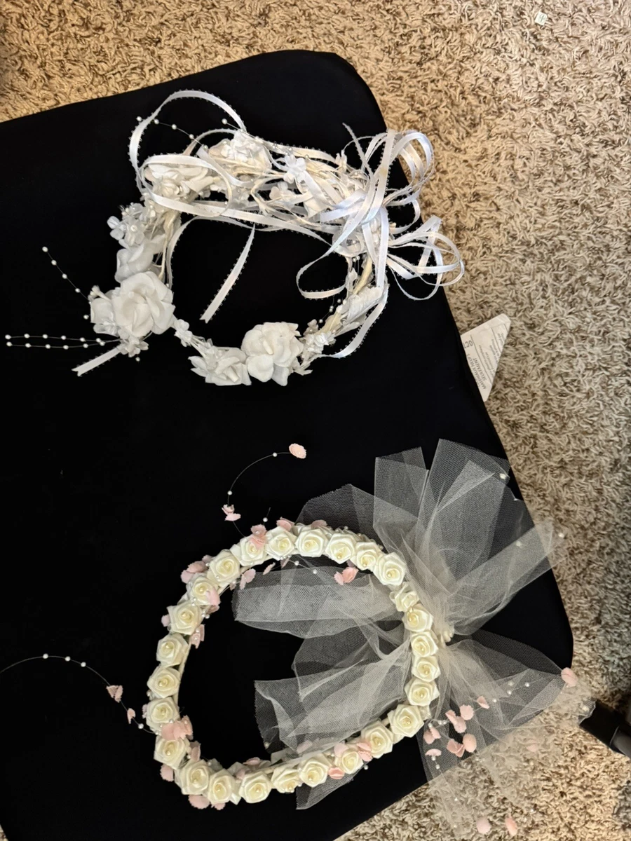 Accessorio Per Capelli Per Prima Comunione, Ghirlanda Con Fiori Bianchi E Perline, Per Bambine, Regolabile Con Nastri