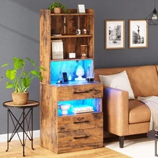 Tall Night Stand, Nightstand with Charging Station, LED Bedside Table&Bookshelf