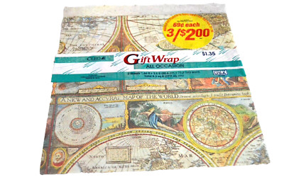 Paper Gift Wrap OLD WORLD MAP HISTORY NIP Vintage 2 Sheets CLEO Total 8.3 sq ft