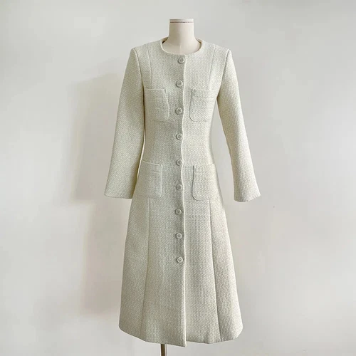 Women Tweed Dress Long Sleeve Single Breast Elegant Long Tweed Lady Blazer Dress - Picture 14 of 28