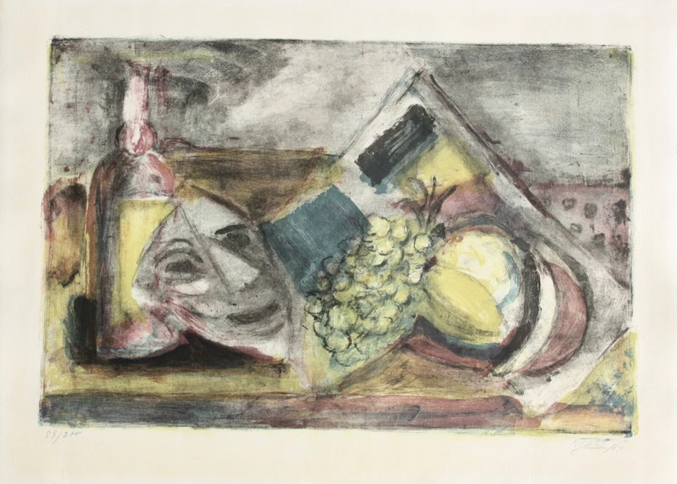 Hermann Baptist Hundt (1894-1974) sign. Farblithographie, Stillleben mit Maske - Bild 2 von 4