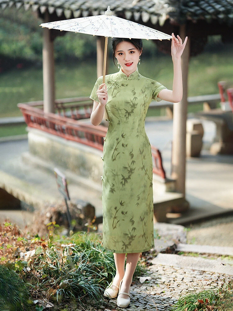Traditional women Chinese Bamboo Prints Green Elegant Qipao Cheongsam Dress  | eBay