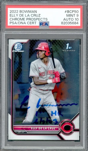 ELLY DE LA CRUZ 2022 1ST BOWMAN CHROME RC PSA 9 GEM 10 AUTO 1ST HR PSA 233409