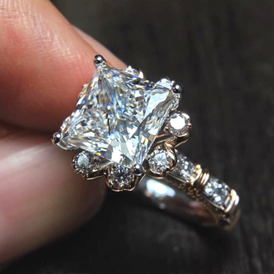 4.05 TCW Princess Cut Moissanite Halo Engagement Ring 14k Two-Tone Gold Plated