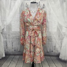 Alex Marie Size 4 Pink Teal Floral Puff Sleeve Tiered A-Line V-neck Dress B13