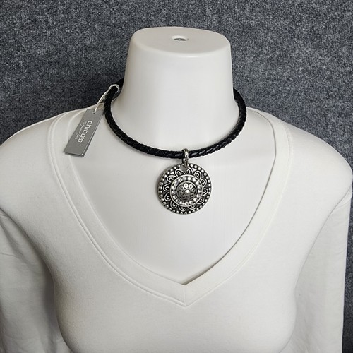 NWT Chico's Braided Choker Necklace Black/Silvertone Pendant Rhinestones - Picture 2 of 7