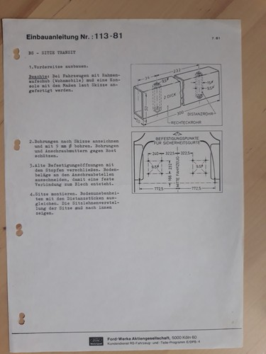 Einbauanleitung BS-Sitze Transit aus 1981 Ford Motorsport