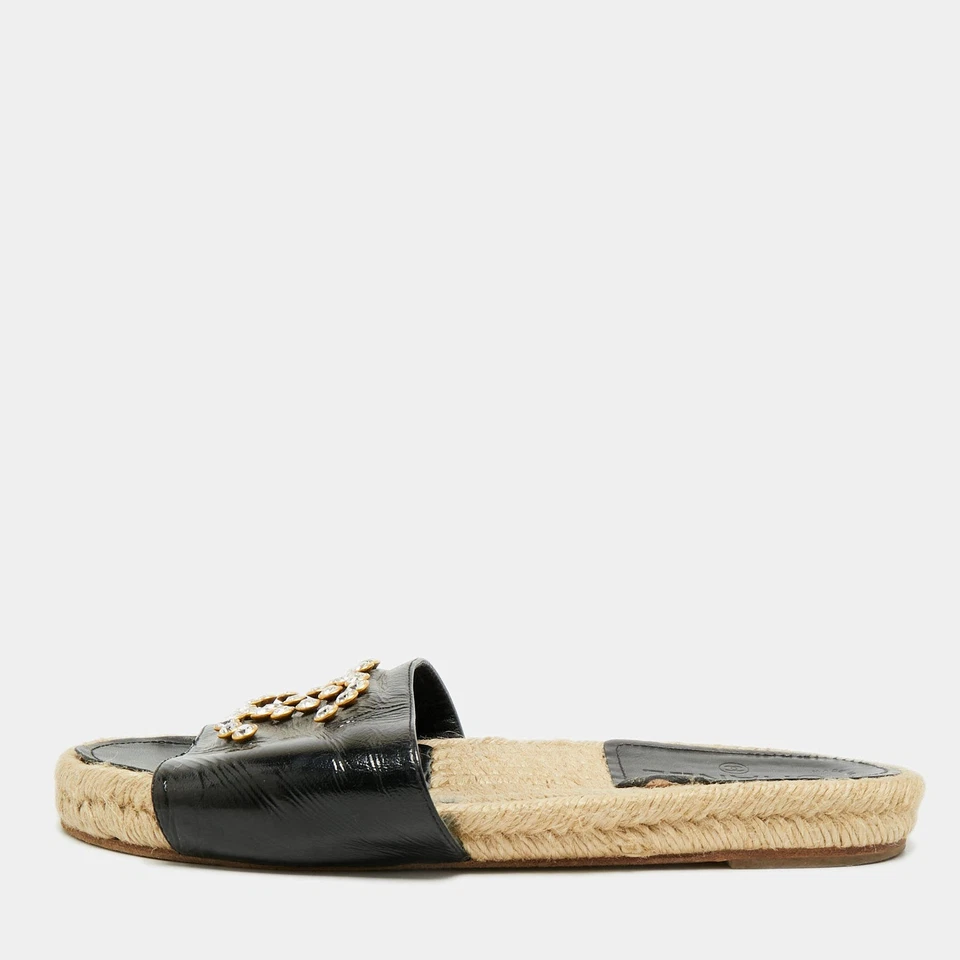 Espadrille plate Chanel CC taille 39 cuir noir ornée de cristal - Photo 1/4