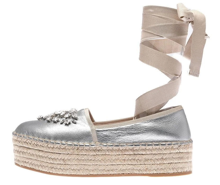 NEW MIU MIU PRADA SILVER LEATHER CRYSTALS ESPADRILLES LACE PLATFORM SHOES 40.5 - Image 4 of 4