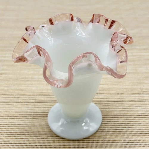Vintage Fenton  Style Milk Glass Pink Crimped Edge Vase