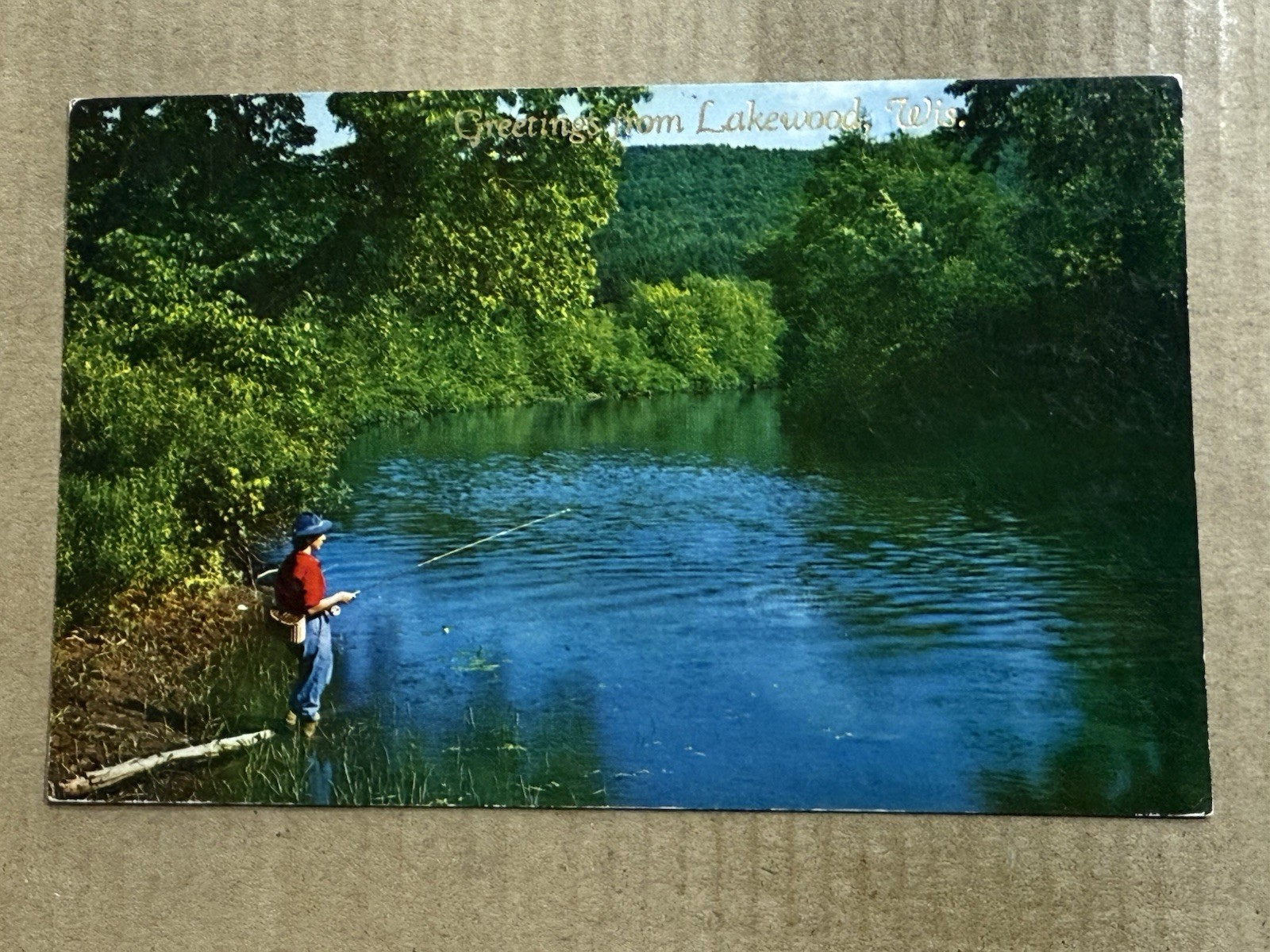 Postcard Lakewood WI Wisconsin Scenic Greetings Fishing Fisherman Vintage PC