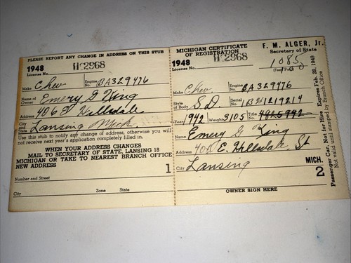 1948 Michigan Certificate Of Registration Chevy