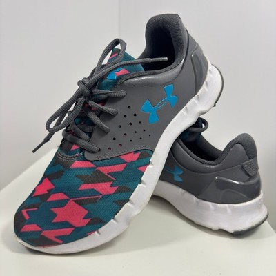 Under Armour Flow RN Kids Girls Size 7Y Gray Teal Pink Geometric Running Shoes