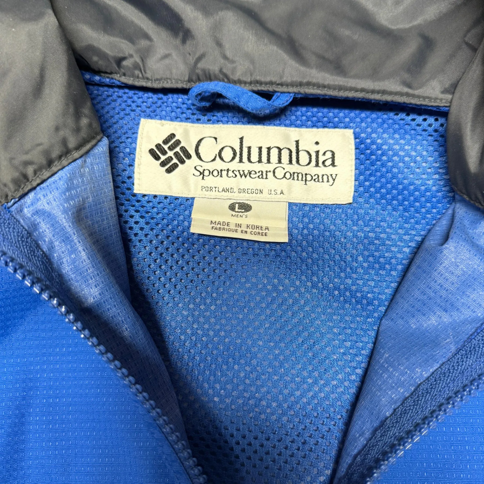 Columbia Mens Hooded Rain Jacket Windbreaker L Blue Gray Packable Full Zip thumbnail 3