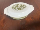 Vintage PYREX Oval Casserole w/ Lid Avocado SPRING BLOSSOM CRAZY DAISY 1 1/2 QT