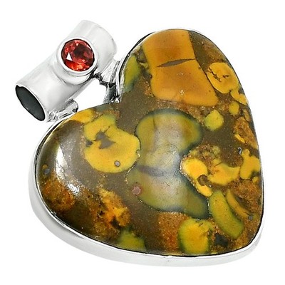 Premium Heart Bamboo Jasper & Garnet 925 Sterling Silver Pendant Jewelry P-1300