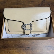 Coach Shoulder Bag Beige Crystal Logo Silver Hardware Detachable Strap Designer