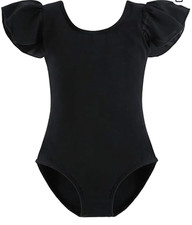 STELLE GIRLS RUFFLE SHORT SLEEVE DANCE LEOTARD GYMNASTICS OUTFIT,BLACK, 2-3T/85