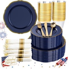 350pcs Blue and gold Plastic Plates - Blue Plastic Dinnerware Set Includes 50...
