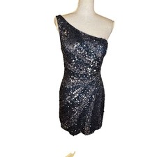 Sequin One-Shoulder Mini Cocktail Dress Glam Navy Silver Shimmering Detail