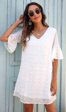 Cute White Shift Dress Size Med V Neck Ruffled Sleeve Mini Dress Size Medium