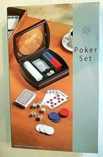 Poker Chips, Cards, Dice and Case in Wooden Box