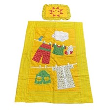 Vintage MCM Baby Quilt Blanket And Pillow Yellow Clothesline Little Vogue 1475