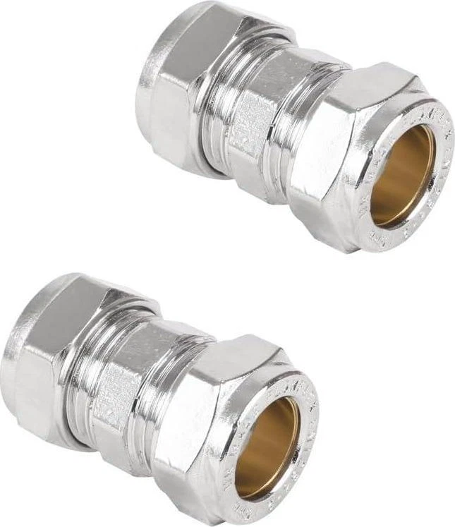 NPH PLUMBING & HEATING 15mm Chrome Plated Compression Straight Pipe Connectors for Copper Pipe - Pack 2