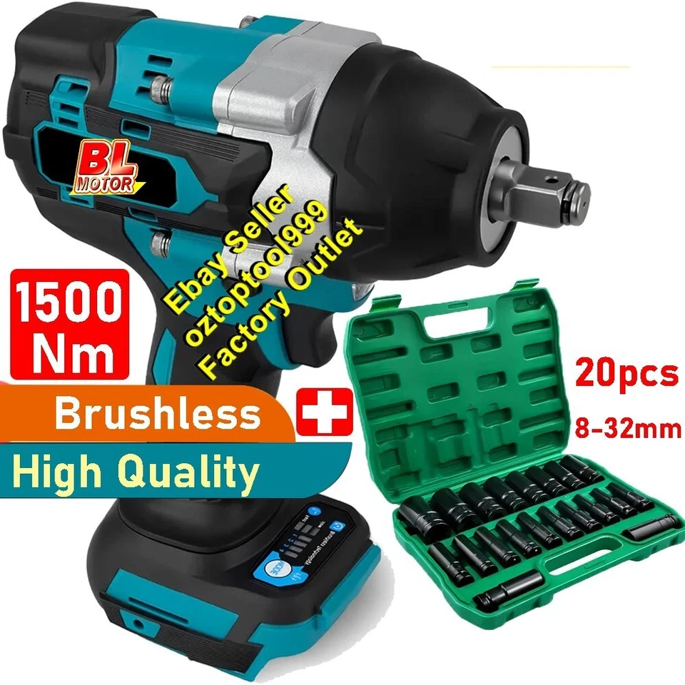 1500Nm 1/2" Brushless Impact Wrench Rattle Gun +20 Socket For Makita 18v Battery