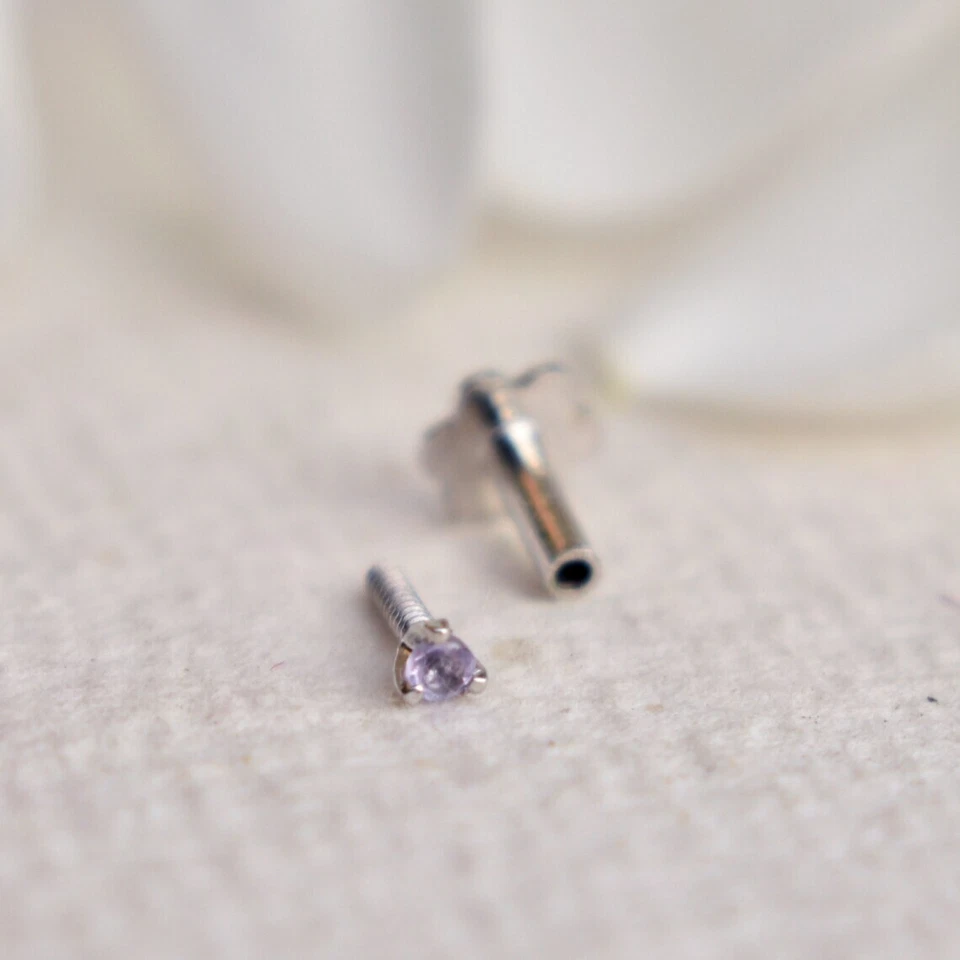 Lindo presente redondo 0,06 ct ametista natural parafuso prisioneiro de ouro branco 14k real - Imagem 3 de 4