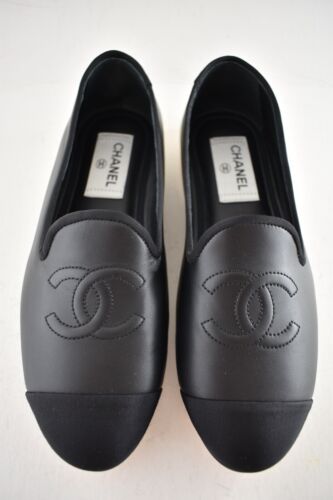 Chanel 23S Black Lambskin Grosgrain CC Logo Gold Heel Moccasin Flat Loafer 37 - Picture 7 of 17