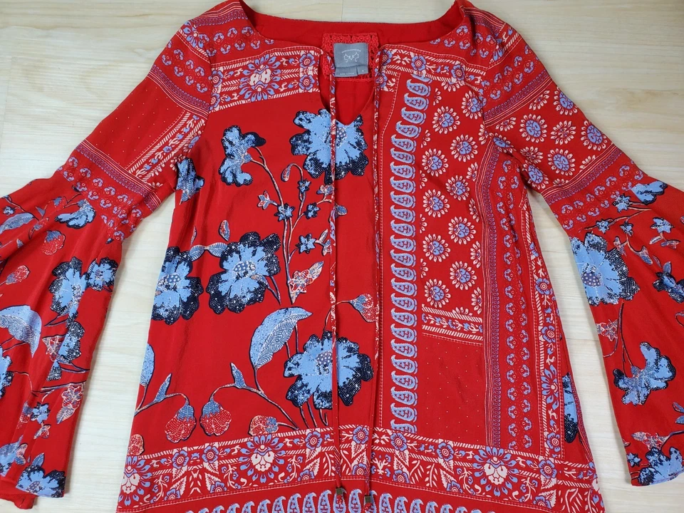 Vestido Campesino Vanessa Virginia Anthropologie Manga Campana Seda Forrado Rojo Talla 0 Foto 2 de 4