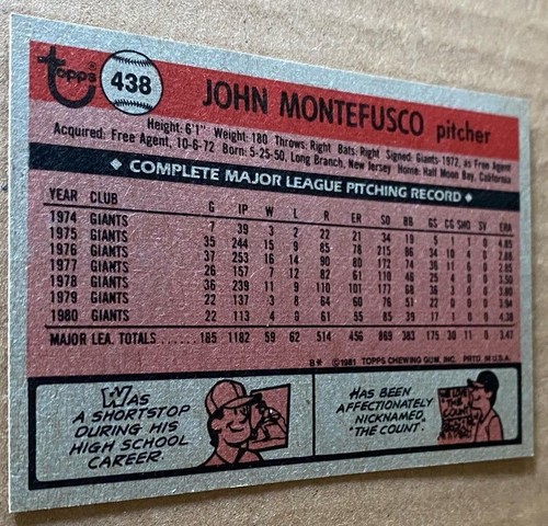 1981 TOPPS Card #438 JOHN MONTEFUSCO NM-MT Condition Nice Centering - Picture 2 of 2