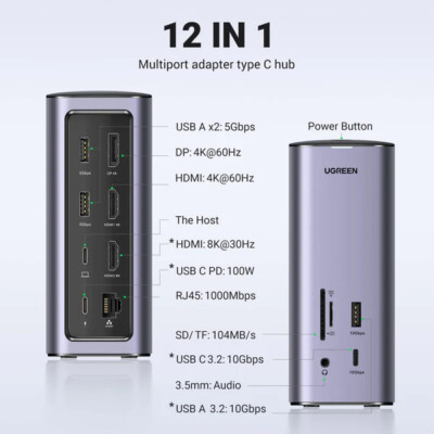 Ugreen USB C 8K HD Triple Display 12 in 1 HDMI Docking Station Hub 1000Mbps