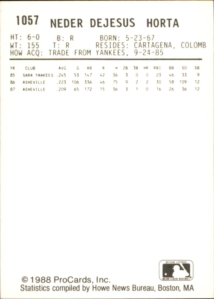 Neder Horta 1988 ProCards #1057 RC Asheville Tourists FREE SHIPPING AutographDen - Image 2 of 2