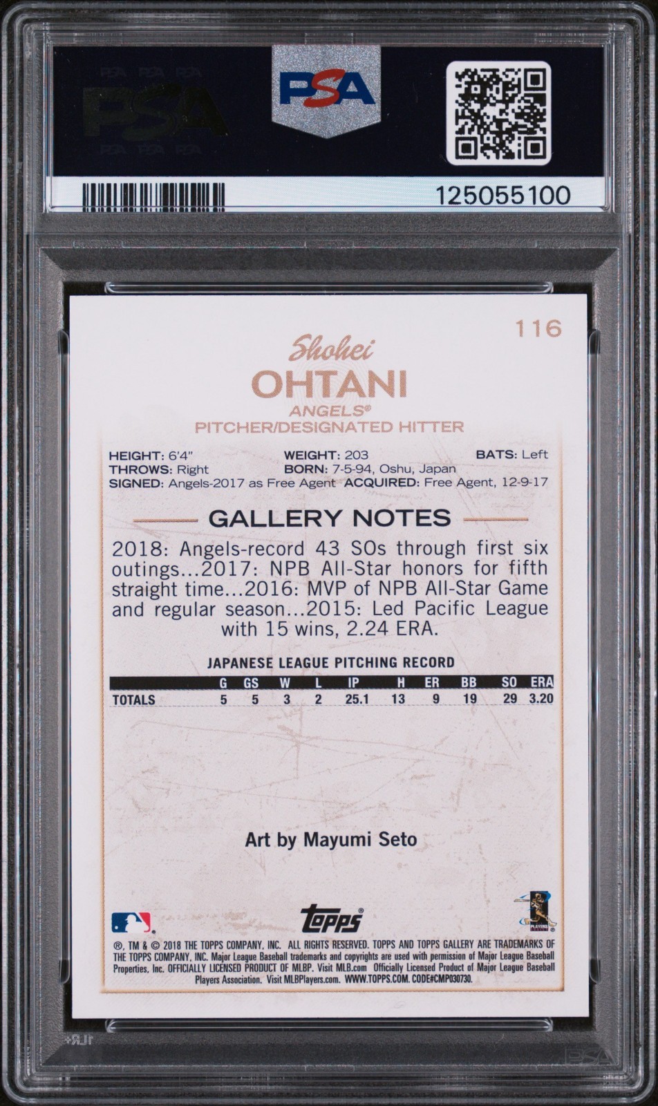 2018 Topps Gallery #116 SHOHEI OHTANI Rookie RC PSA 10 view 2