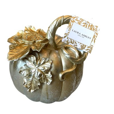 Laura Ashley Metallic PUMPKIN With 3D Gold Silver Leaf Detail 8'' Fall Decor NEW