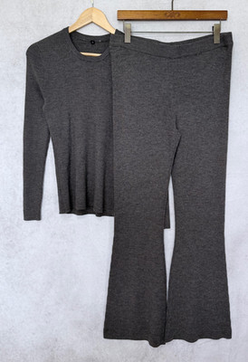 Cubus Merino Wool Lounge Set Grey/Brown Rib Knit Top Trousers Womens Large