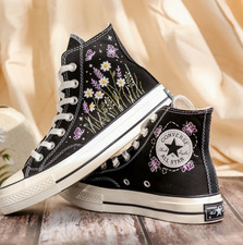 Embroidered Converse High Tops, Daisy, Lavender Flowers Embroidered Shoes