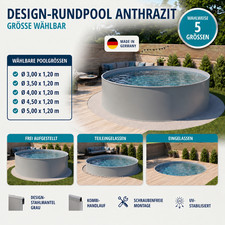 Design Rundpool Anthrazit 120cm tief Stahlwand Aufstellpool 3m 3,5m 4m 4,5m …