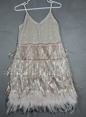 Women Sequin Feather Mini Dress Champagne Gold & Blush Color, Prom Cocktail  S/M | eBay