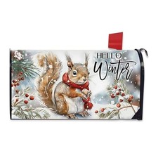 Hello Mailbox Cover Magnetic Standard Size 20.5" x 18", Snowy Winter Squirrel Hello Mailbox Cover Magnetic Standard Size 20.5" x 18", Snowy Winter Squirrel - Image 1