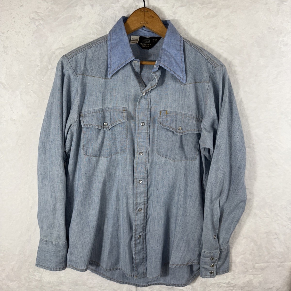 Vintage 70s Sears Pearl Snap Shirt Size M Blue Chambray Denim 