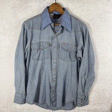 Vintage 70s Sears Pearl Snap Shirt Size M Blue Chambray Denim Western Wear