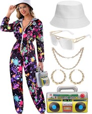 VillbeCoser Women Hoodies Jumpsuit Set, 80s 90s Neon Costume Tracksuit Outfit